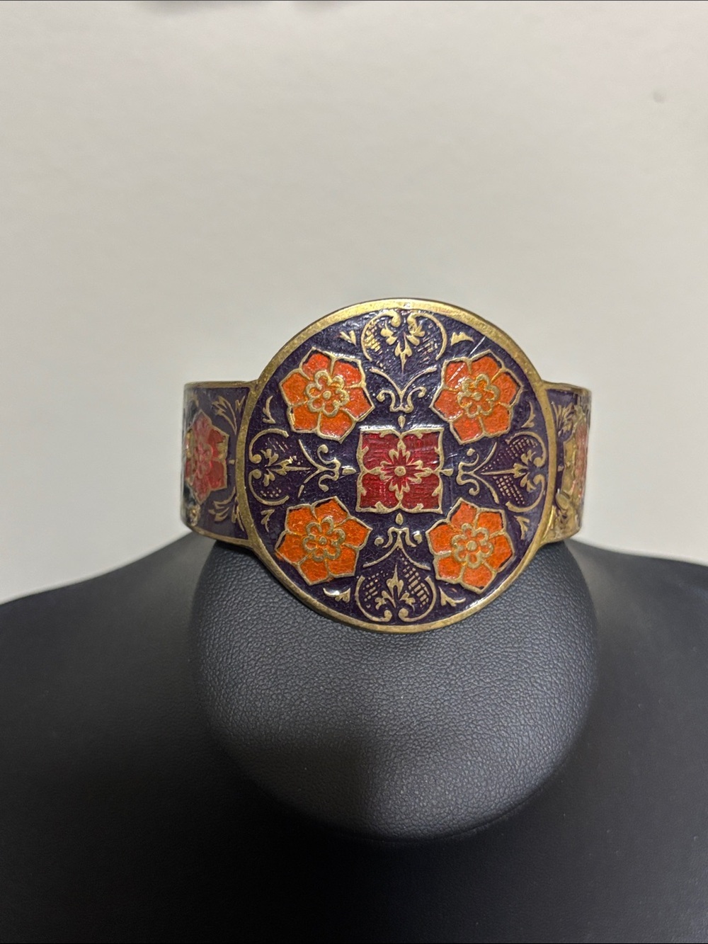 Vintage Chinese Cloisonne Enamel Floral Cuff Brass Bracelet Purple Orange
